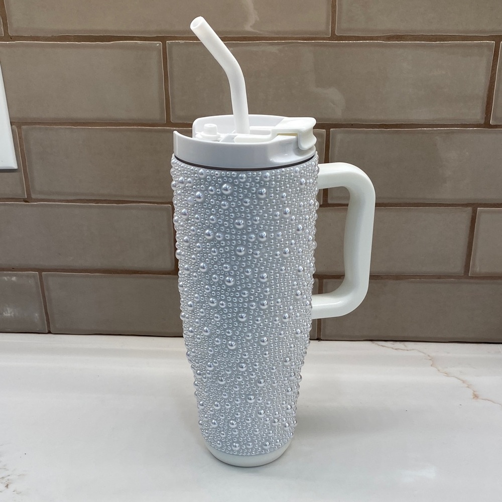 Simply Southern Pearl-Embellished White Tumbler with Straw